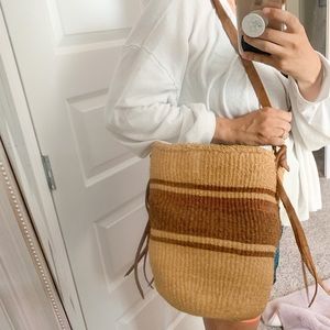 Unique Cream Brown Leather Woven Bucket Market Bag